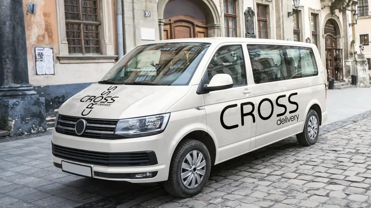 Delivery van with Cross logo.