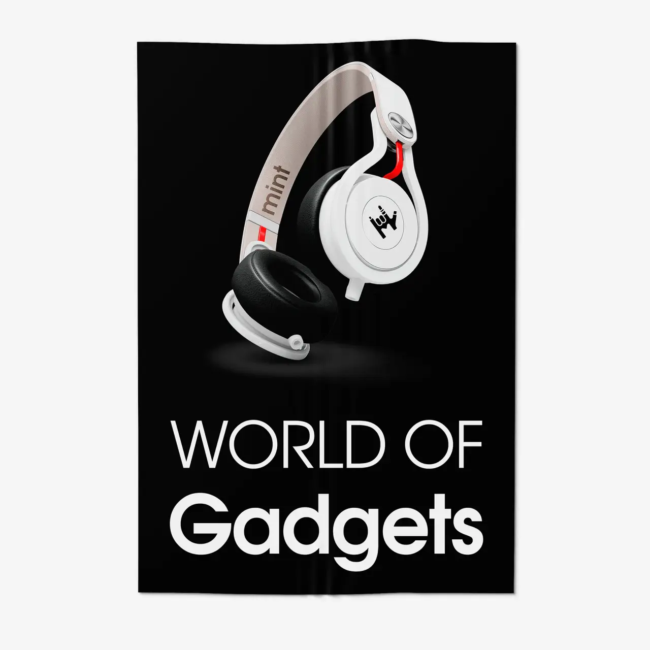 A black poster with headphones branded with Mint logo and text: World of gadgets.
