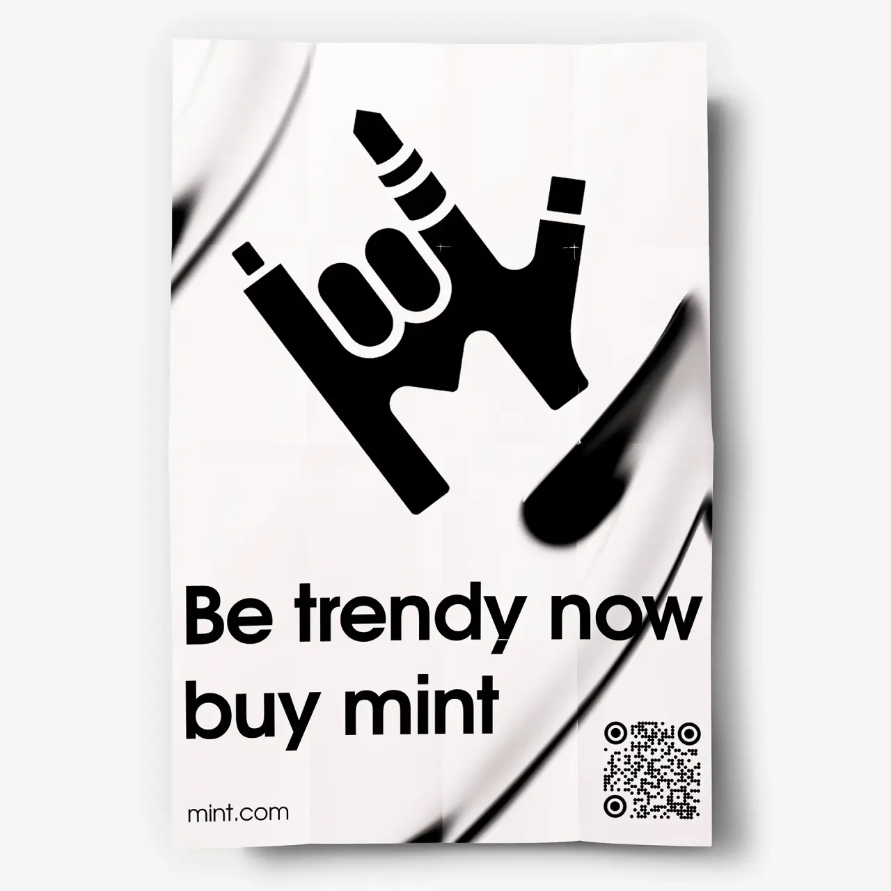 A white poster with mint logo, a qr code, e-link, and text: Be trendy now, buy Mint.