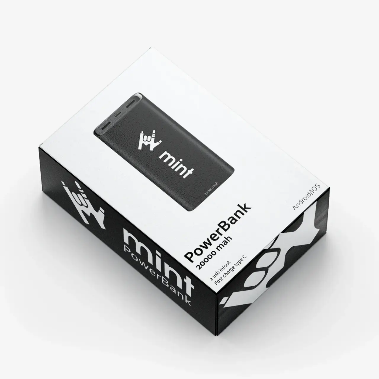 A powerbank package branded with Mint logo.