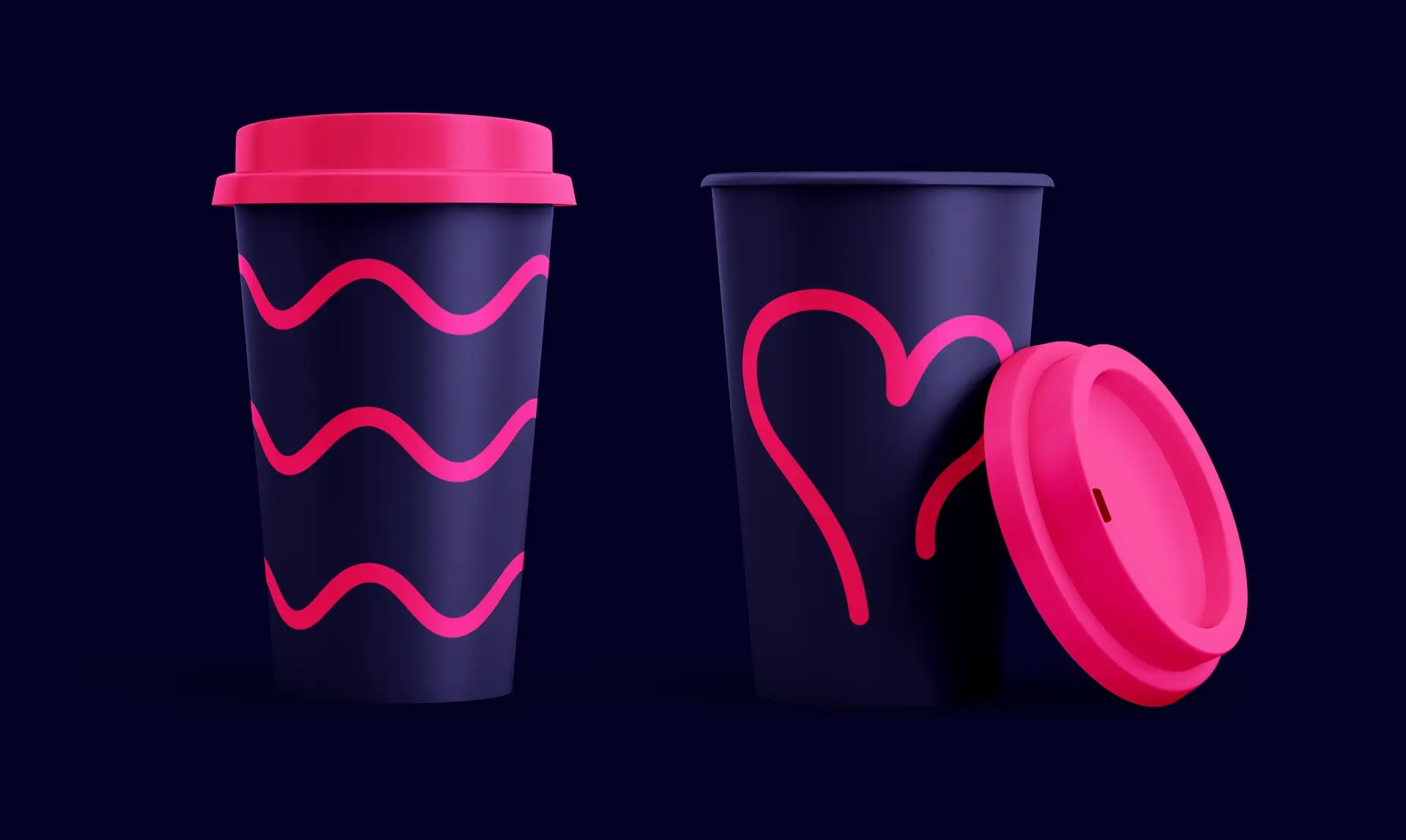 Two branded coffee cups with pink lids, featuring the single-line brand identity.