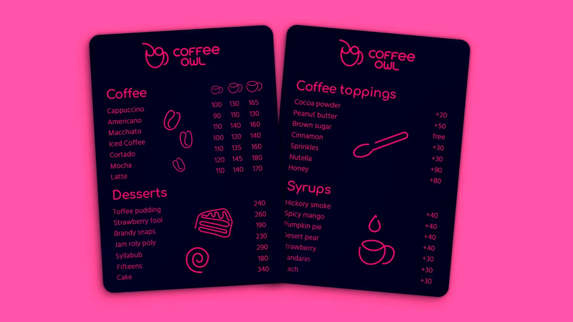 Two branded menu cards featuring prices and single-line identity illustrations.