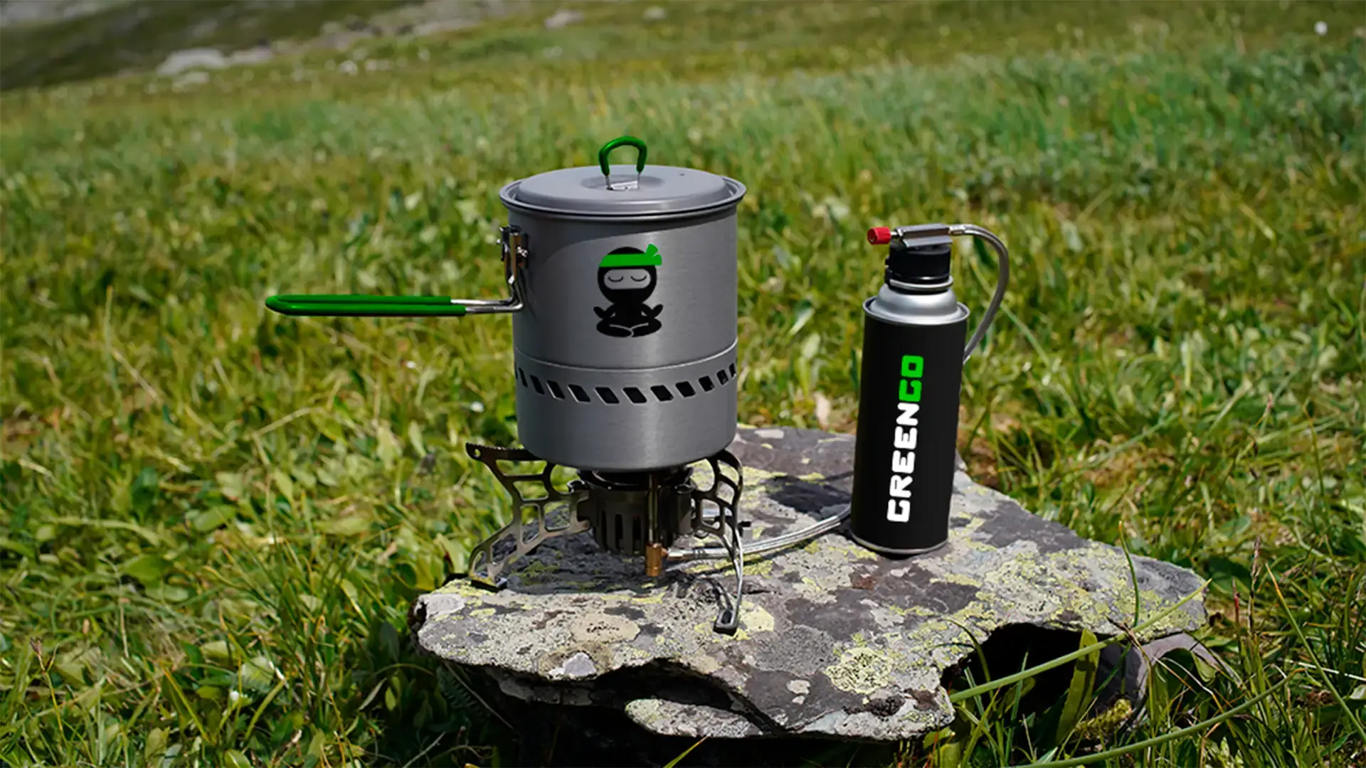 GreenGo branded outdoor cooking set: camping pot and gas cylinder in a natural forest environment.